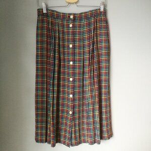 Vintage plaid button front long skirt partial elastic waist multicolour pockets